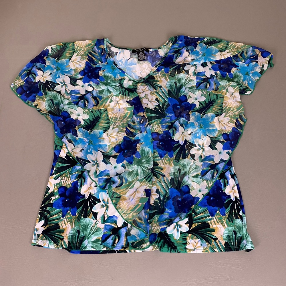 Adele & May Blouse Top Womens Plus 2X Blue Tropical Floral V-Neck Flutter Sleeve